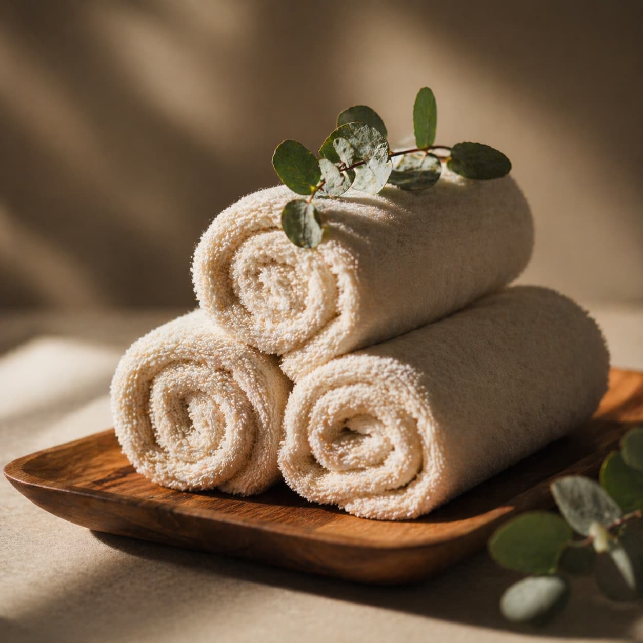 Three neatly rolled cream spa towels on a wooden tray with a eucalyptus sprig