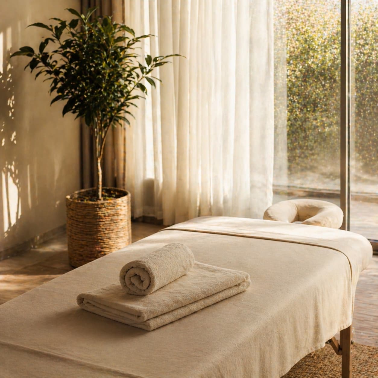 A professional massage table set up in a bright room with natural window light