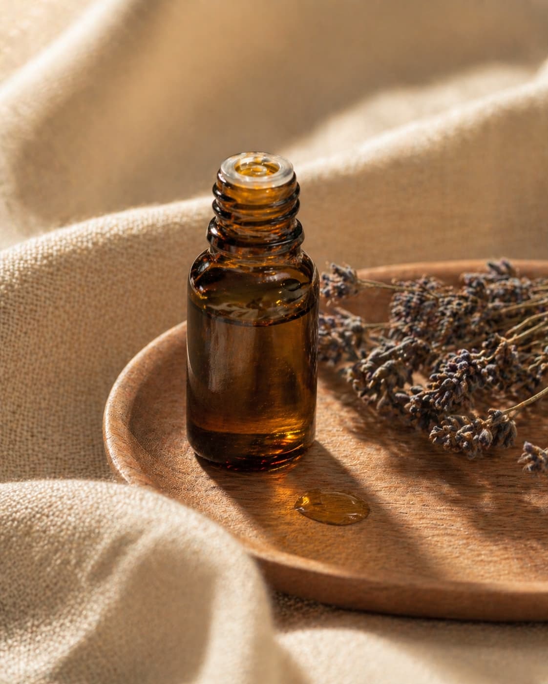 Amber essential oil bottle on cream linen with dried lavender sprigs